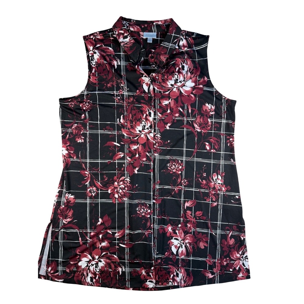 Avenue Women 14/16 Burgundy Floral Plaid Sleeveless Button Down Tunic‎ Top NWOT - Picture 5 of 13